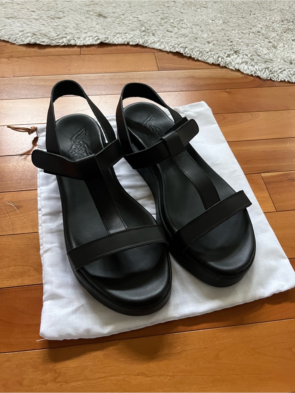 Ancient Greek Sandals Myrto Black T-Strap Platform Sandals NWB